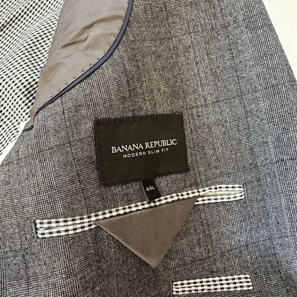 Banana‎ Republic Wool Modern Slim Fit Plaid Blazer 44L Long Suit Gray